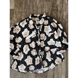 Nicole Miller 100% Linen Long Sleeve Button Up‎ Seashell Print Black Size Medium
